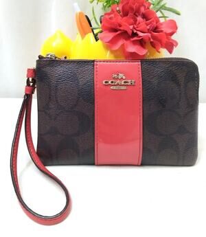 Coach Signature Coated Leather Red Stripe Zipper Closure Wristlet - Coin Wallet